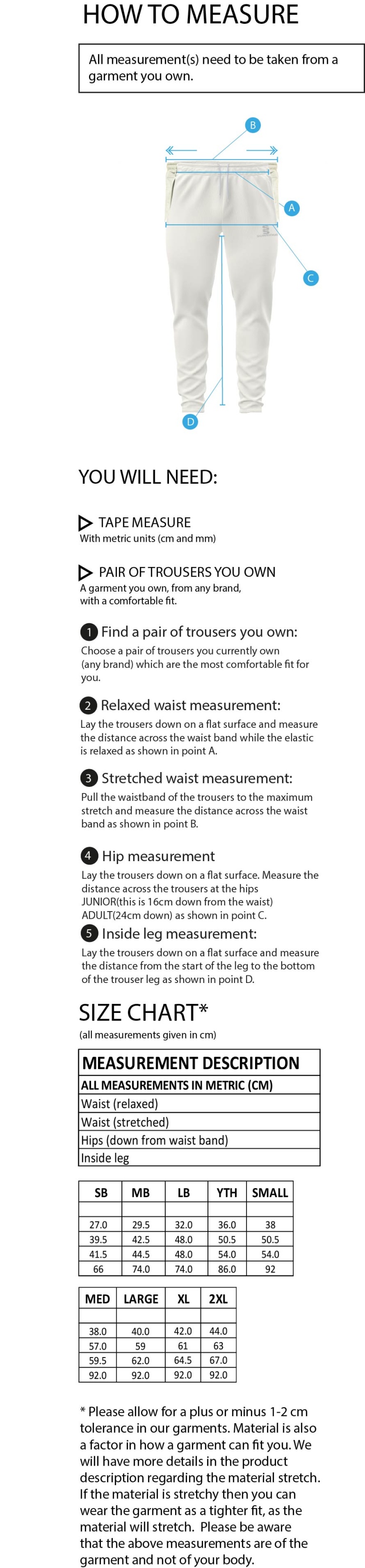 Feniscowles CC - Coloured Cricket Trousers - Size Guide