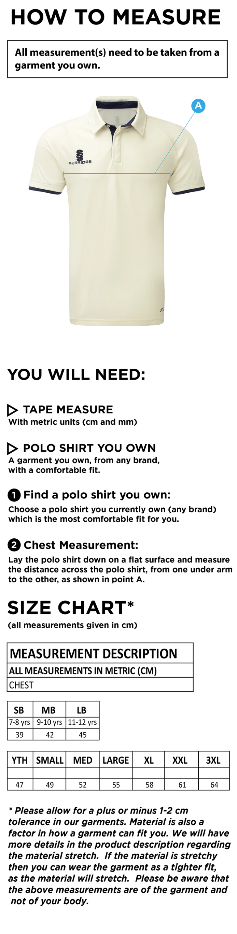Feniscowles CC - Ergo S/S Playing Shirt - Size Guide