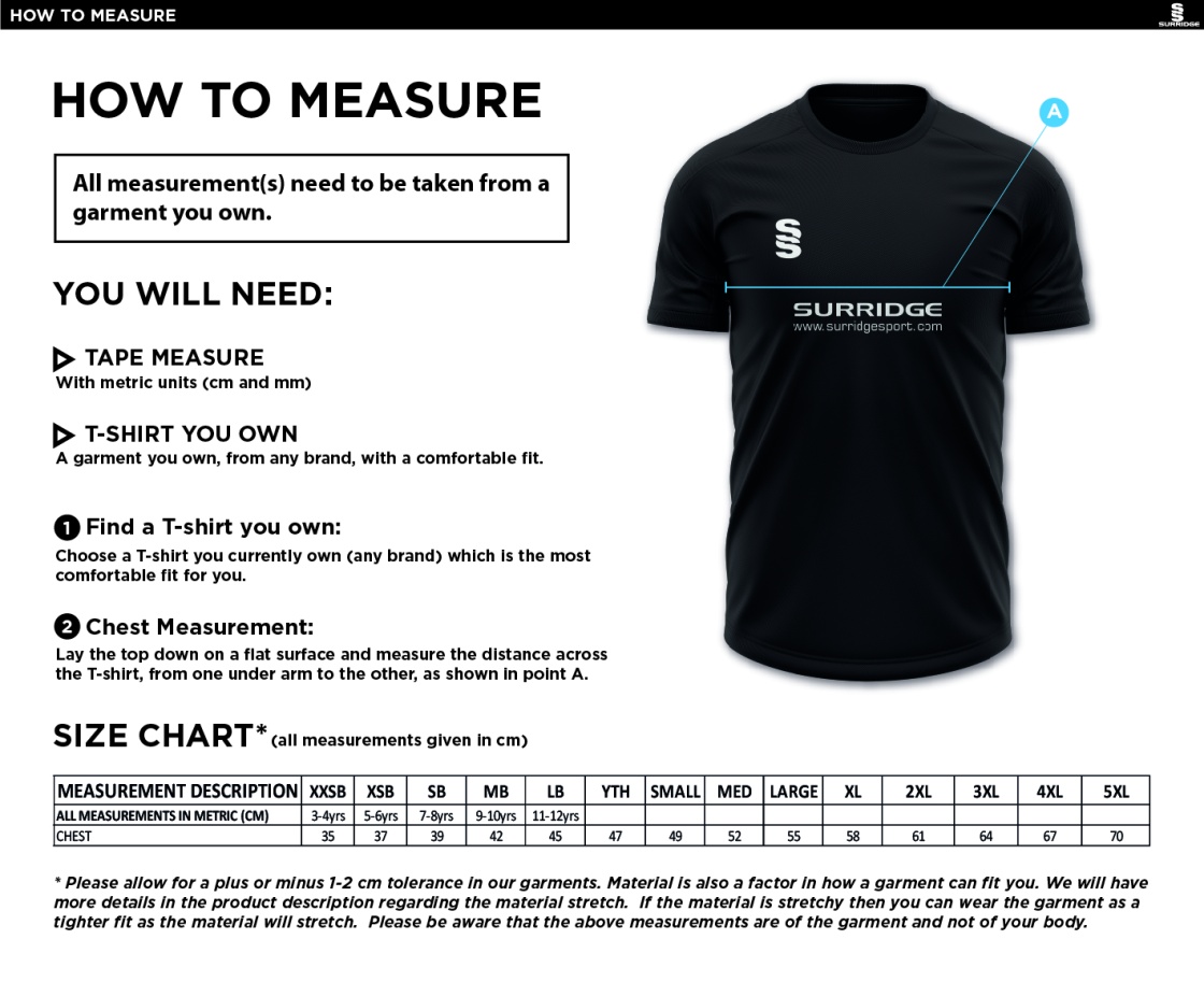 Feniscowles CC - Blade Training Tee - Size Guide