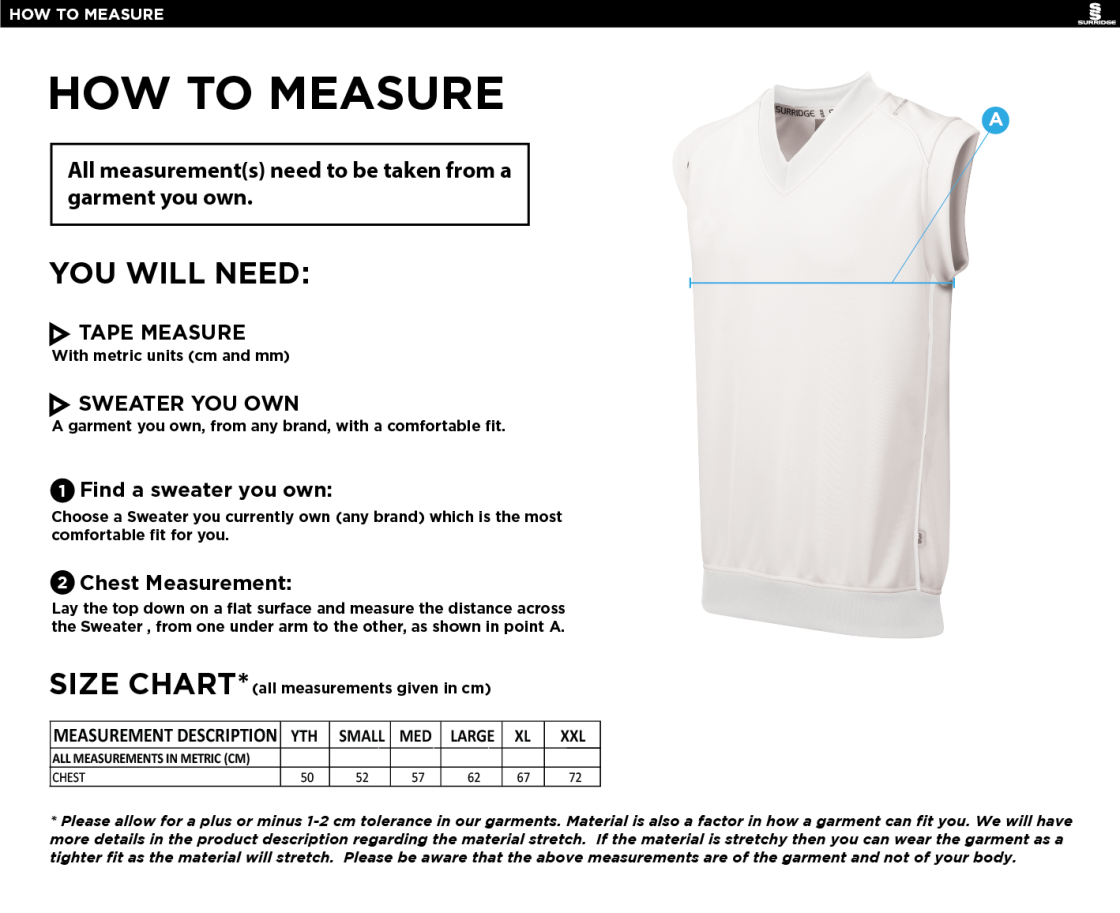 Feniscowles CC - Sleeveless Sweater - Size Guide