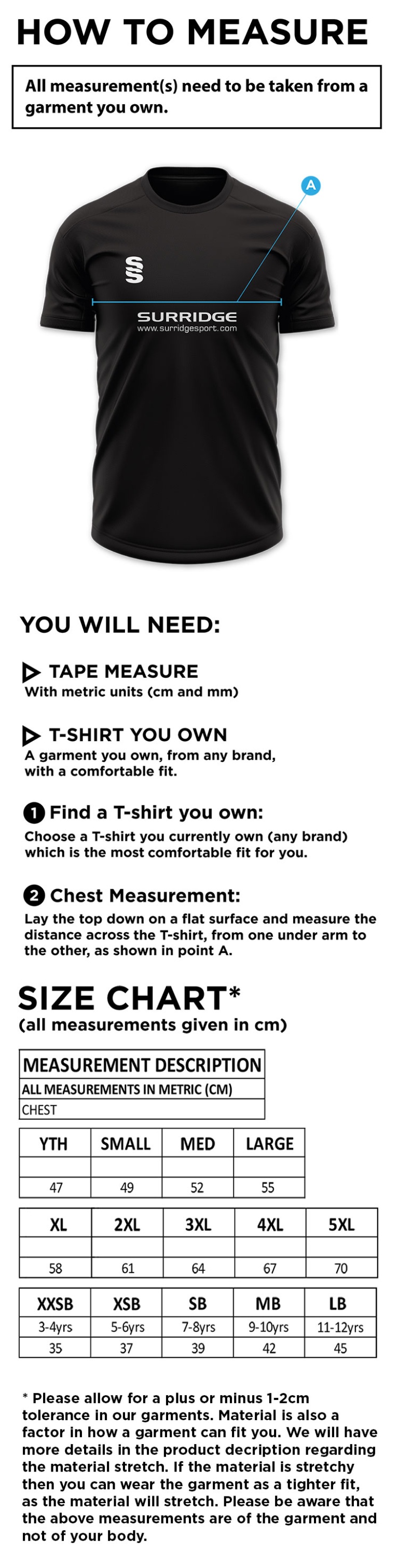 Feniscowles CC - Blade Training Tee - Size Guide