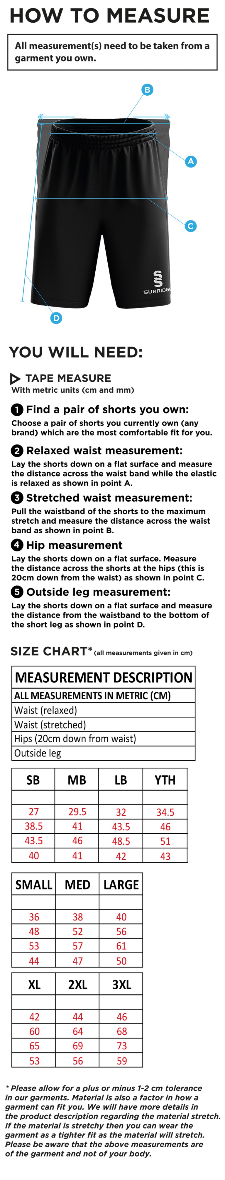 Feniscowles CC - Leisure Short - Size Guide