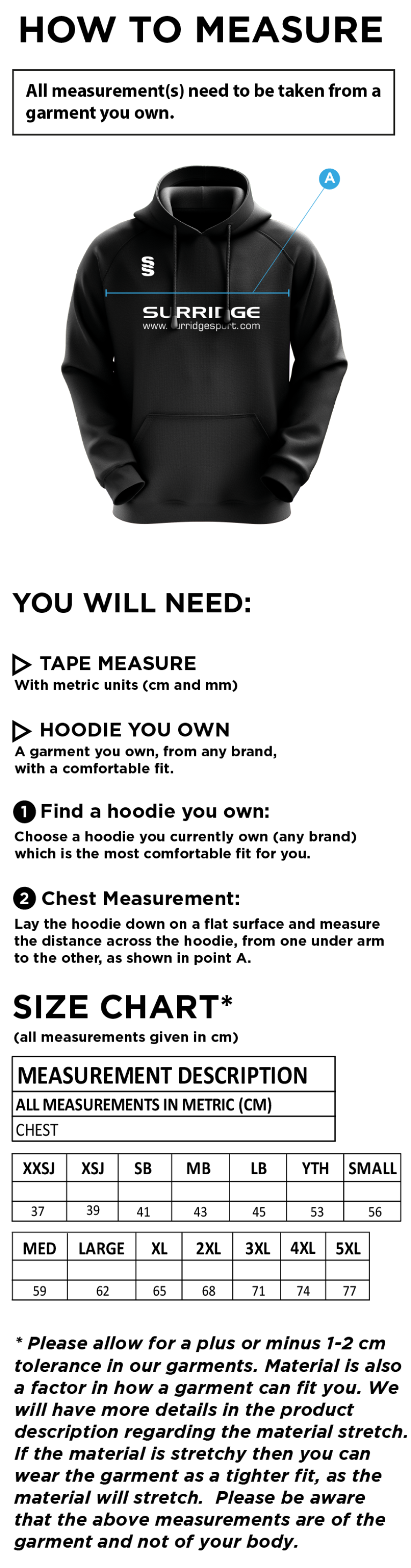 Feniscowles CC - Hoodie - Size Guide