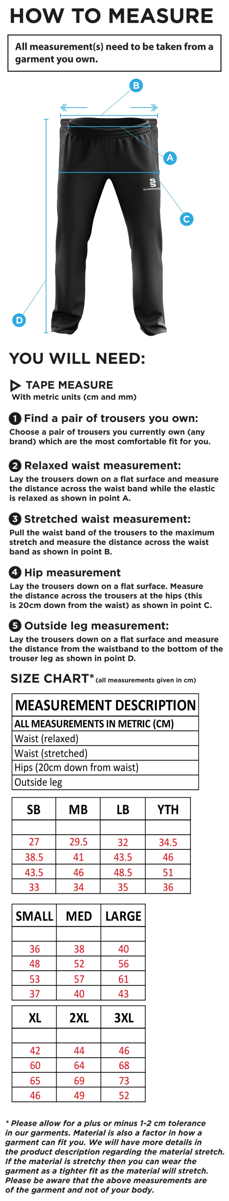 Feniscowles CC - Tracksuit Pant - Size Guide