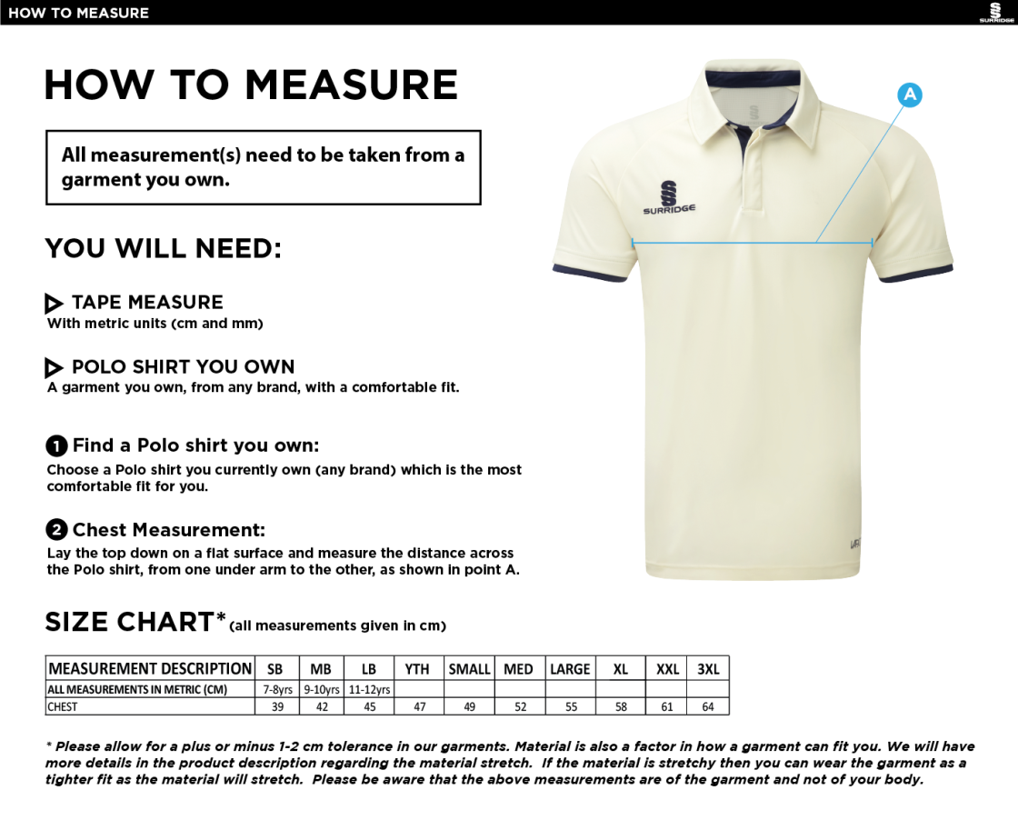 Feniscowles CC - Ergo S/S Playing Shirt - Size Guide