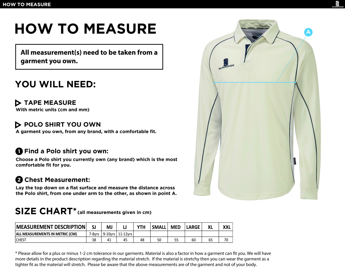 Feniscowles CC - Premier Long Sleeved Playing Shirt - Size Guide