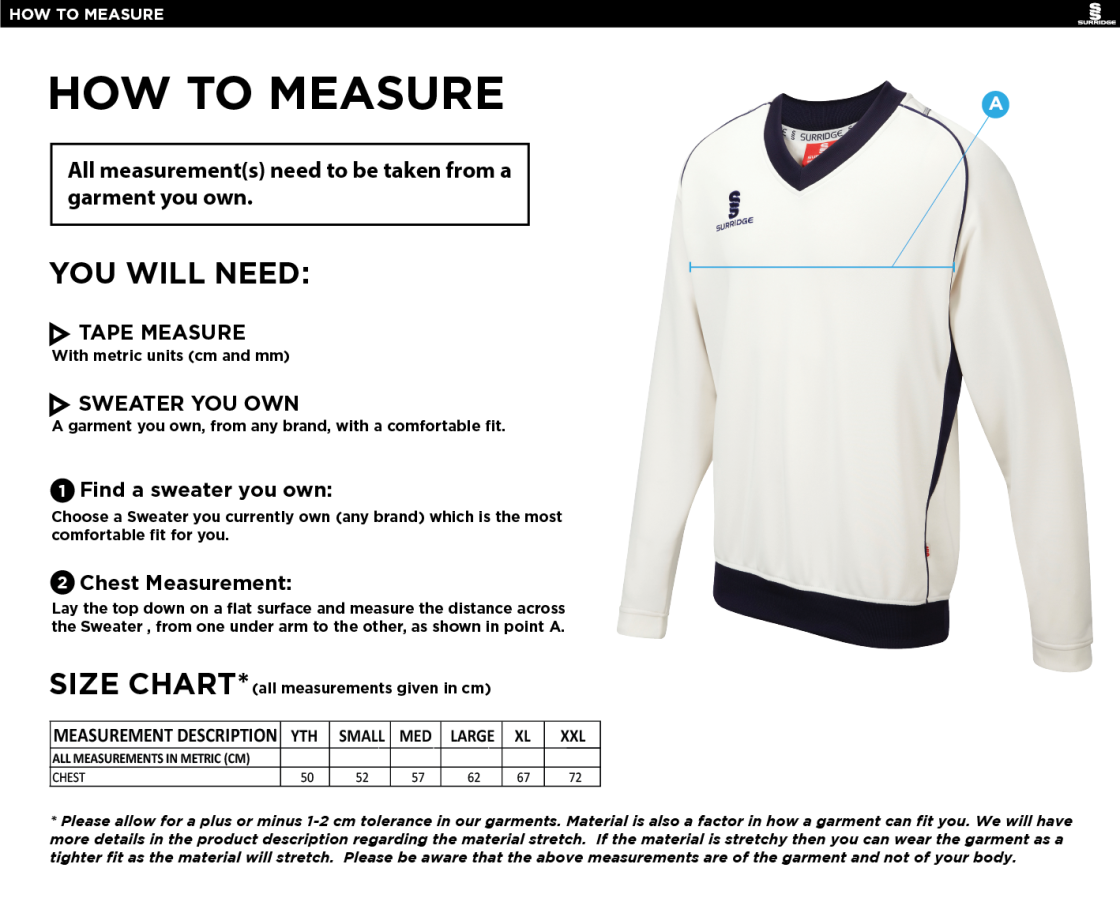 Feniscowles CC - Long Sleeved Sweater - Size Guide