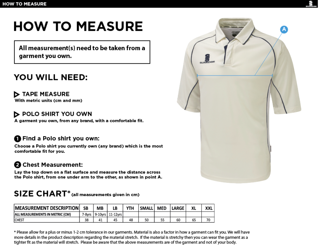 Feniscowles CC - Premier 3/4 Sleeved Playing Shirt - Size Guide