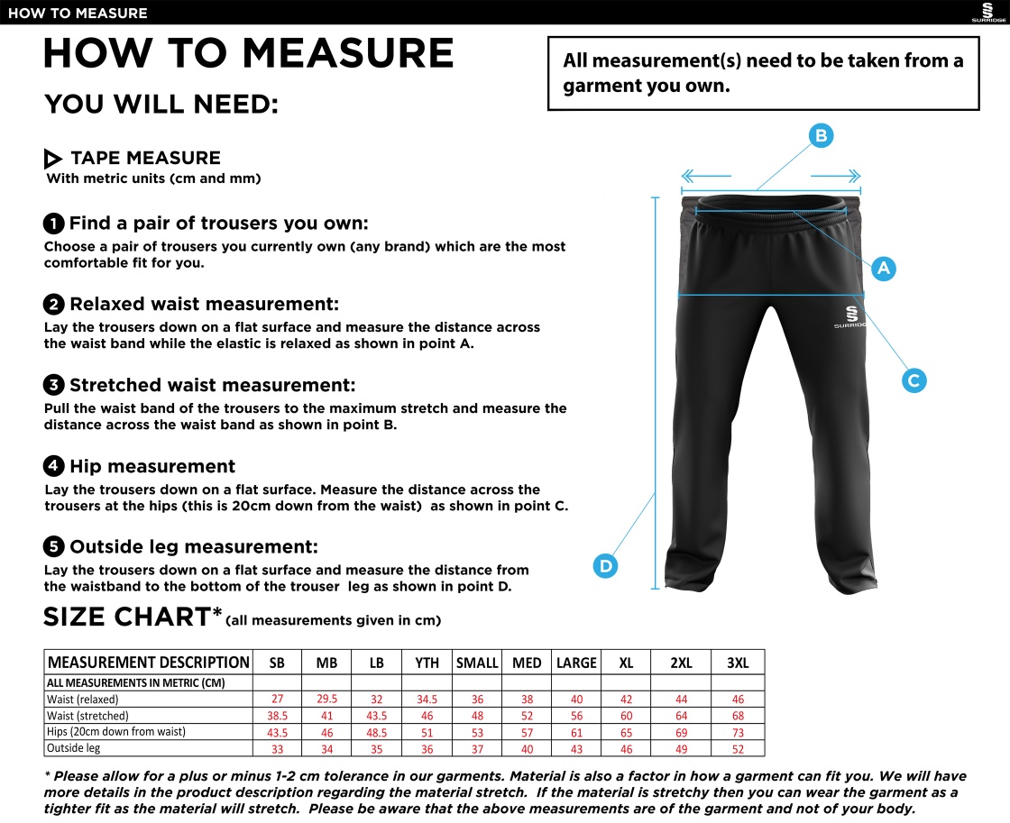 Feniscowles CC - Tracksuit Pant - Size Guide