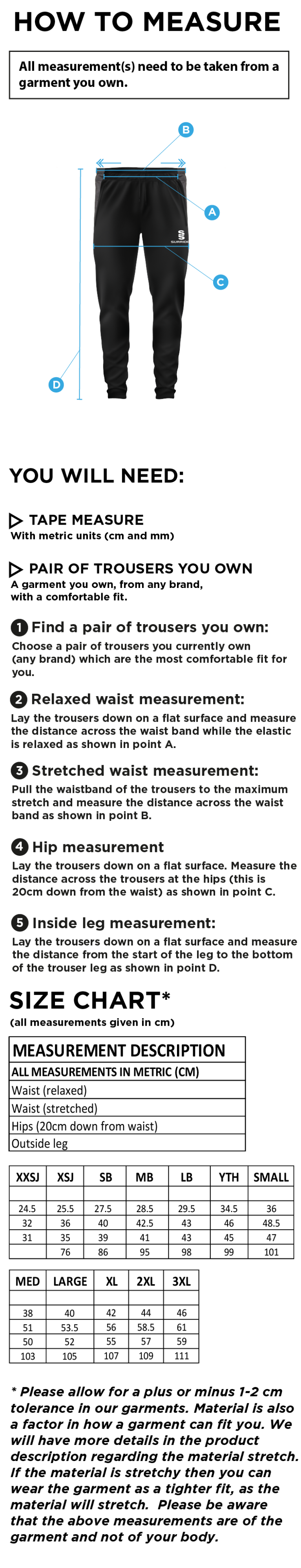 Feniscowles CC - Slim Training Pant - Size Guide