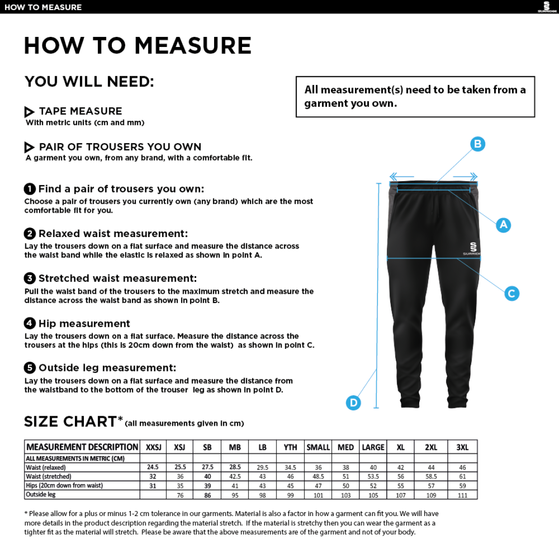 Feniscowles CC - Slim Training Pant - Size Guide