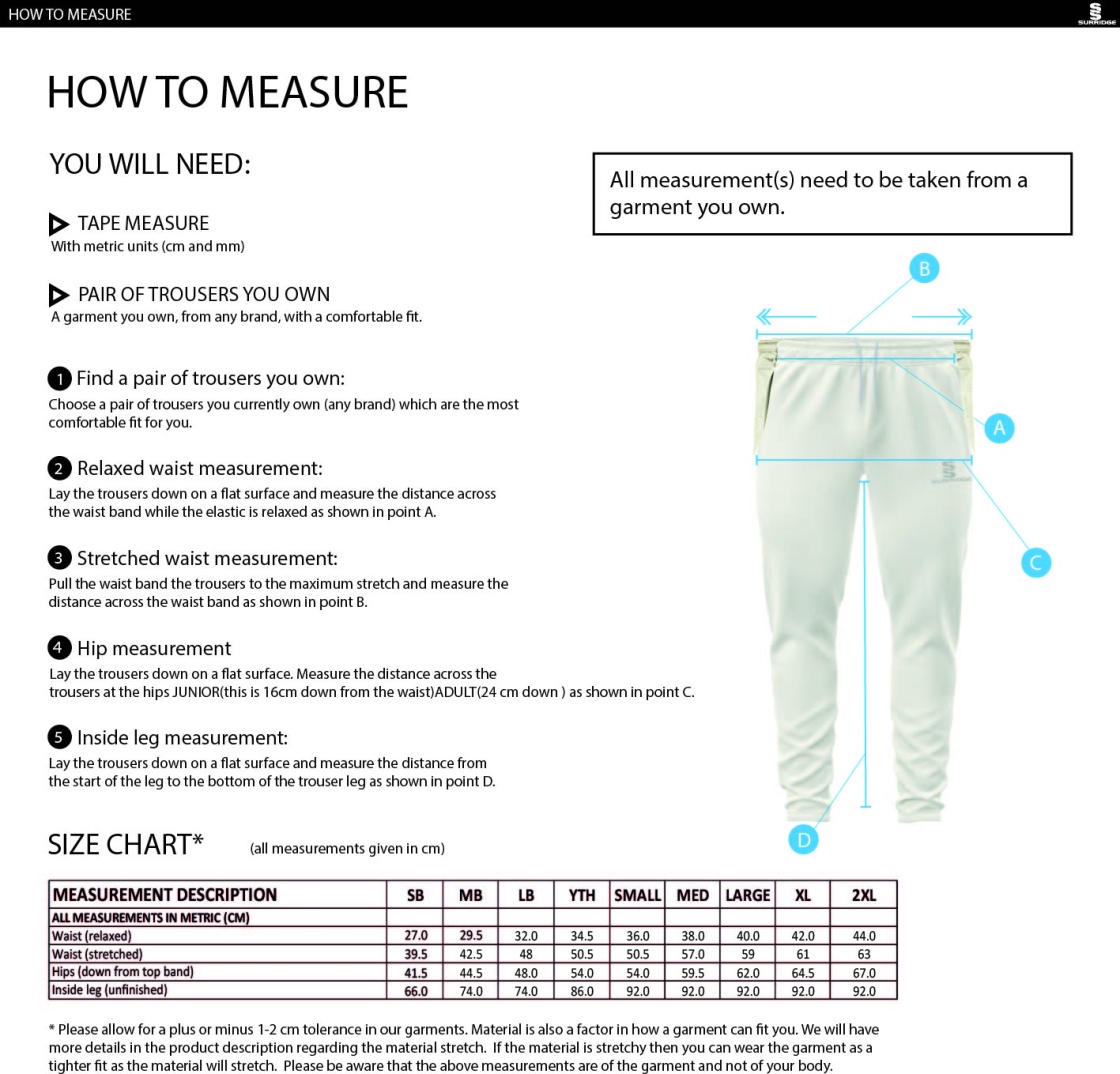 Feniscowles CC - Playing Cricket Trousers - Size Guide