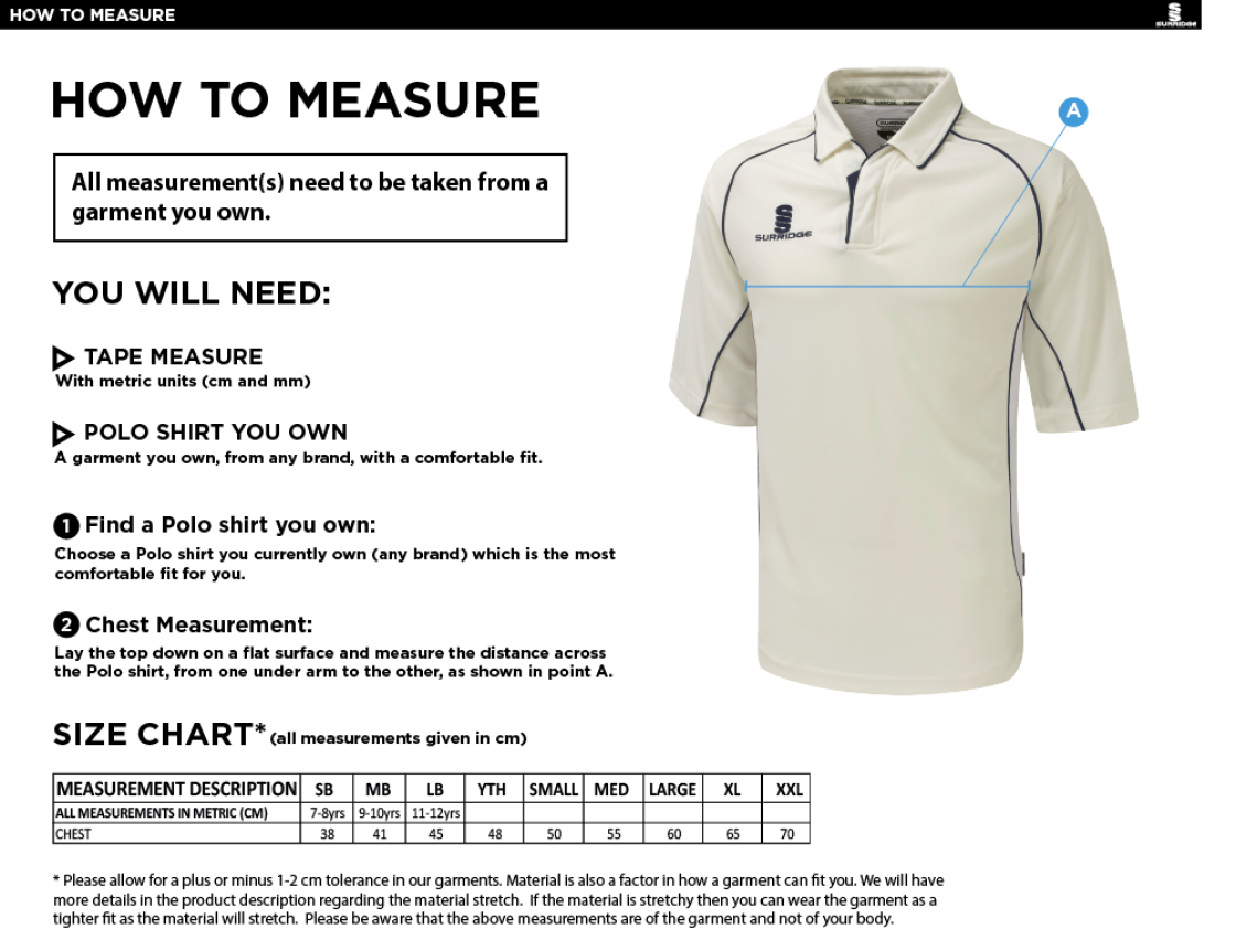 Feniscowles CC - Premier 3/4 Sleeved Playing Shirt - Size Guide