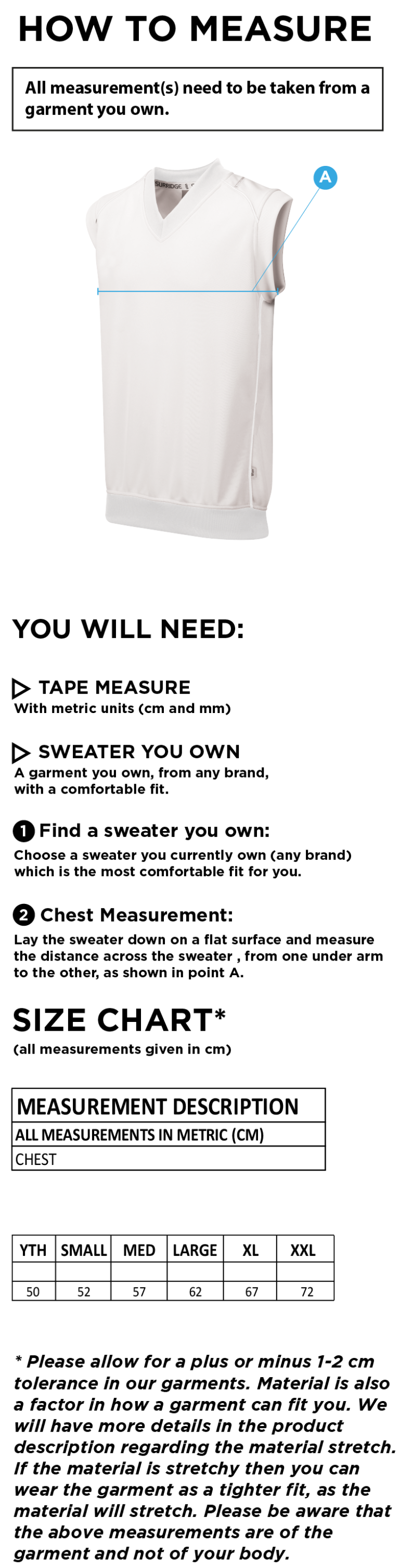 Feniscowles CC - Sleeveless Sweater - Size Guide