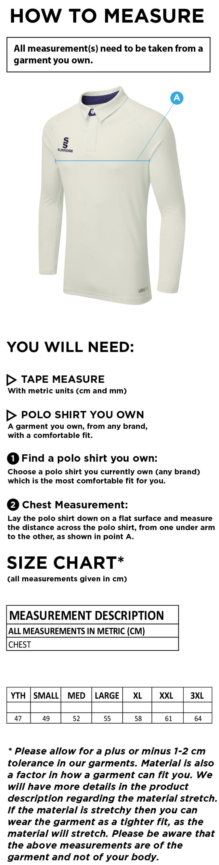 Feniscowles CC - Ergo Long Sleeved Playing Shirt - Size Guide