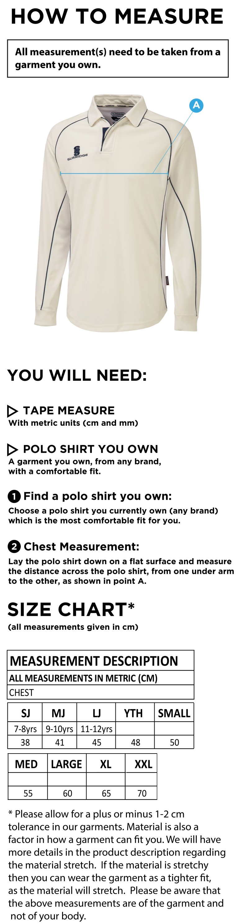 Feniscowles CC - Premier Long Sleeved Playing Shirt - Size Guide