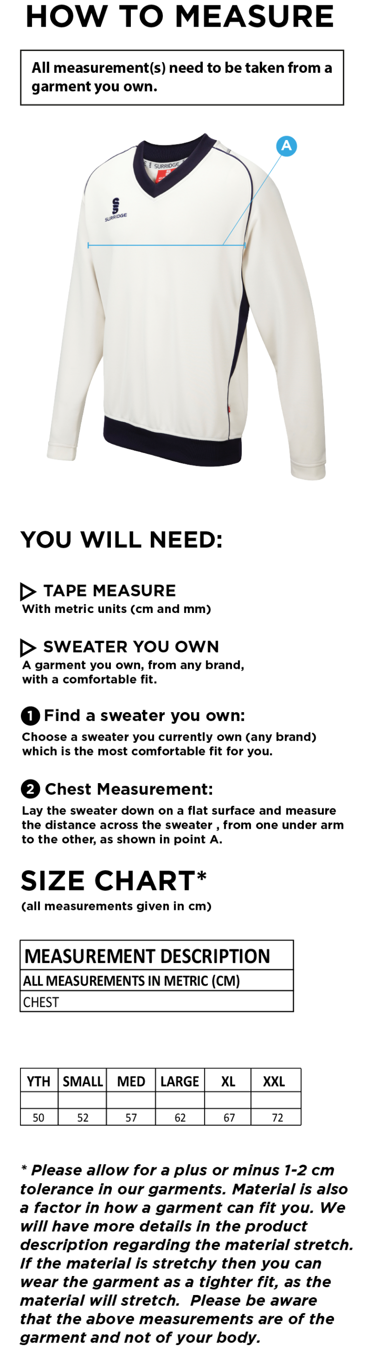 Feniscowles CC - Long Sleeved Sweater - Size Guide