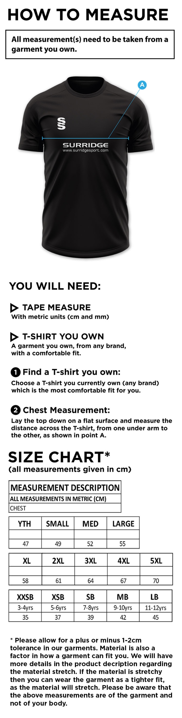 Feniscowles CC - Blade Training Tee - Size Guide