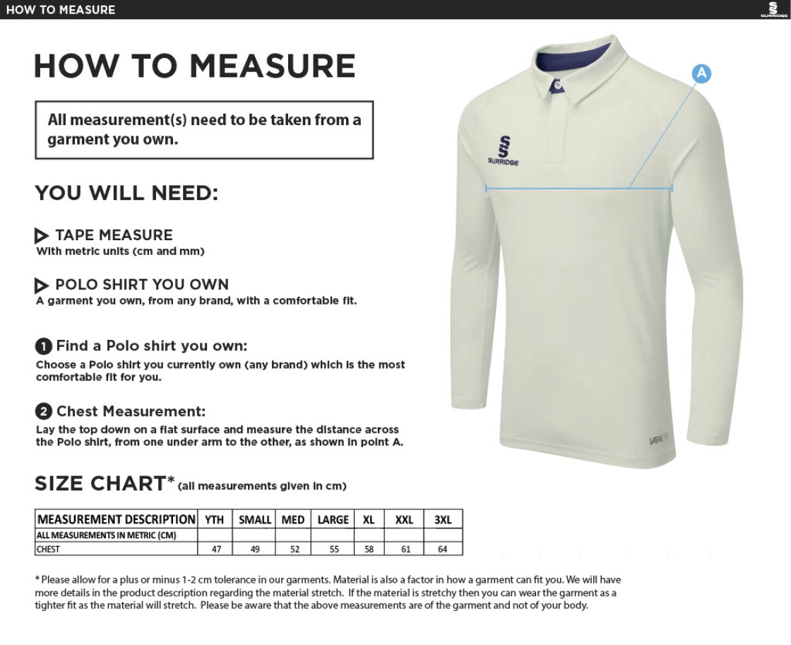 Feniscowles CC - Ergo Long Sleeved Playing Shirt - Size Guide